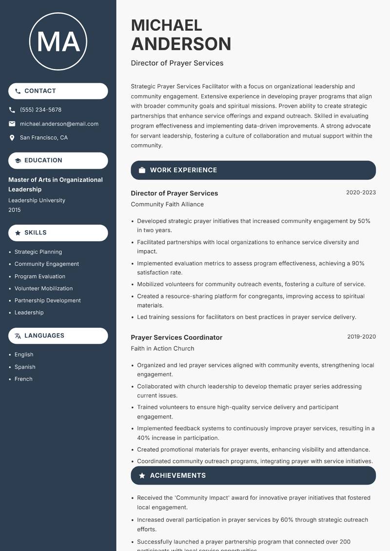 Prayer Services Facilitator resume template — Compact