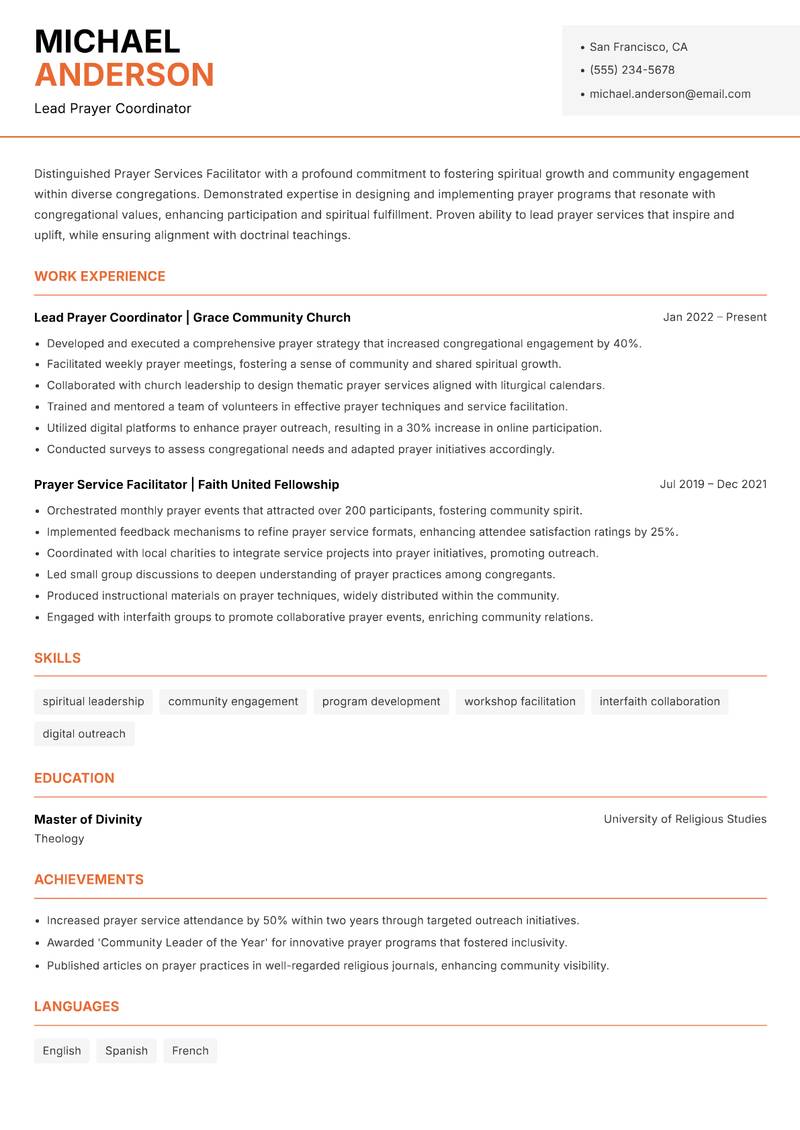 Prayer Services Facilitator resume template — Modern Professional