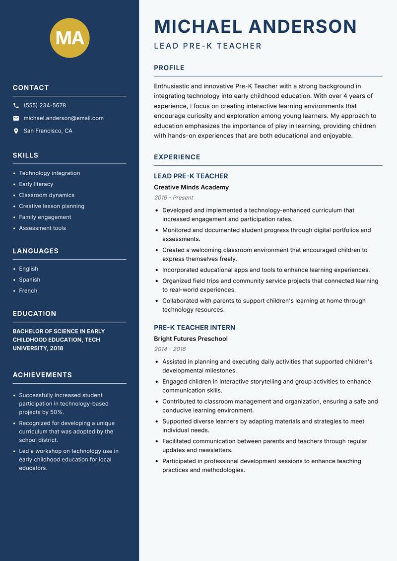 Pre-K Teacher resume template — Classic Clean