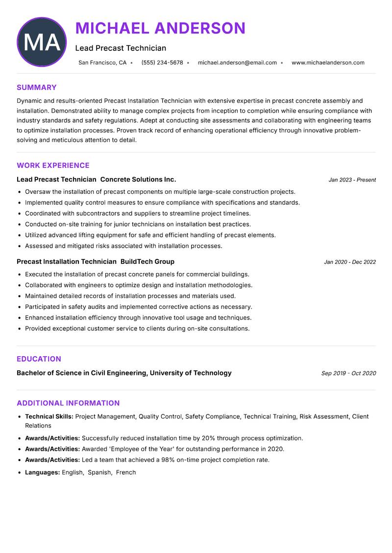 Precast Installation Technician resume example — ATS-friendly template