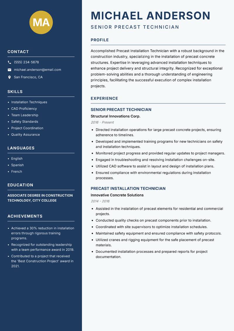 Precast Installation Technician resume template — Classic Clean