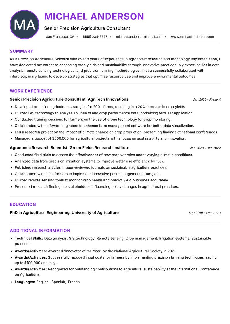 Precision Agriculture Scientist resume example — ATS-friendly template