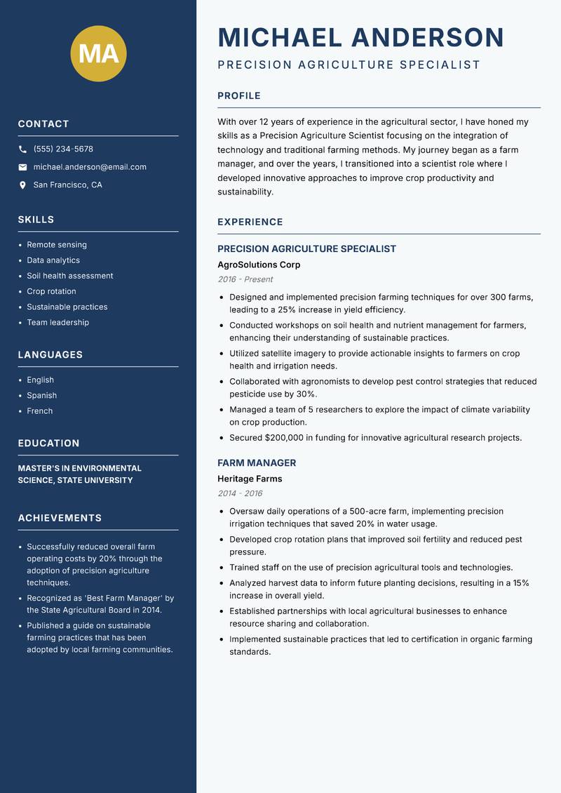 Precision Agriculture Scientist resume template — Classic Clean