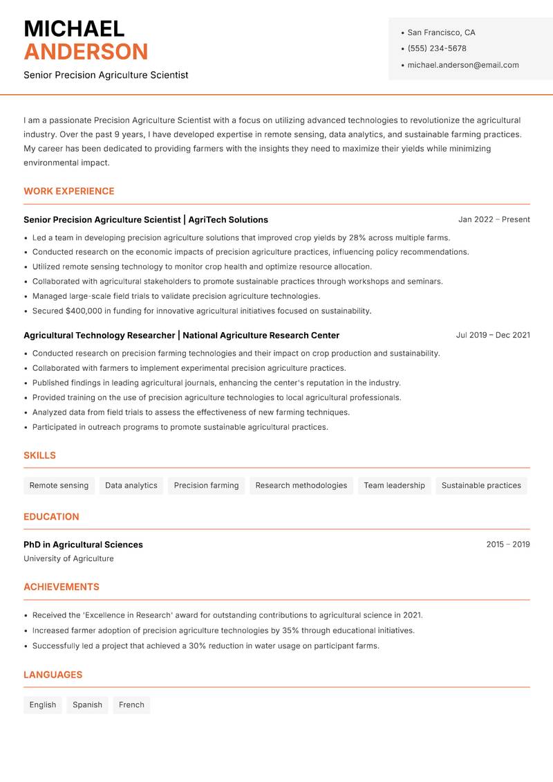 Precision Agriculture Scientist resume template — Modern Professional