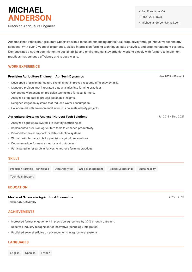 Precision Agriculture Specialist resume template — Modern Professional