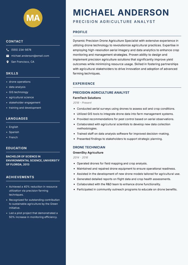 Precision Drone Agriculture Specialist resume template — Classic Clean