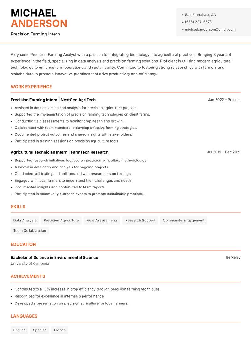 Precision Farming Analyst resume template — Modern Professional