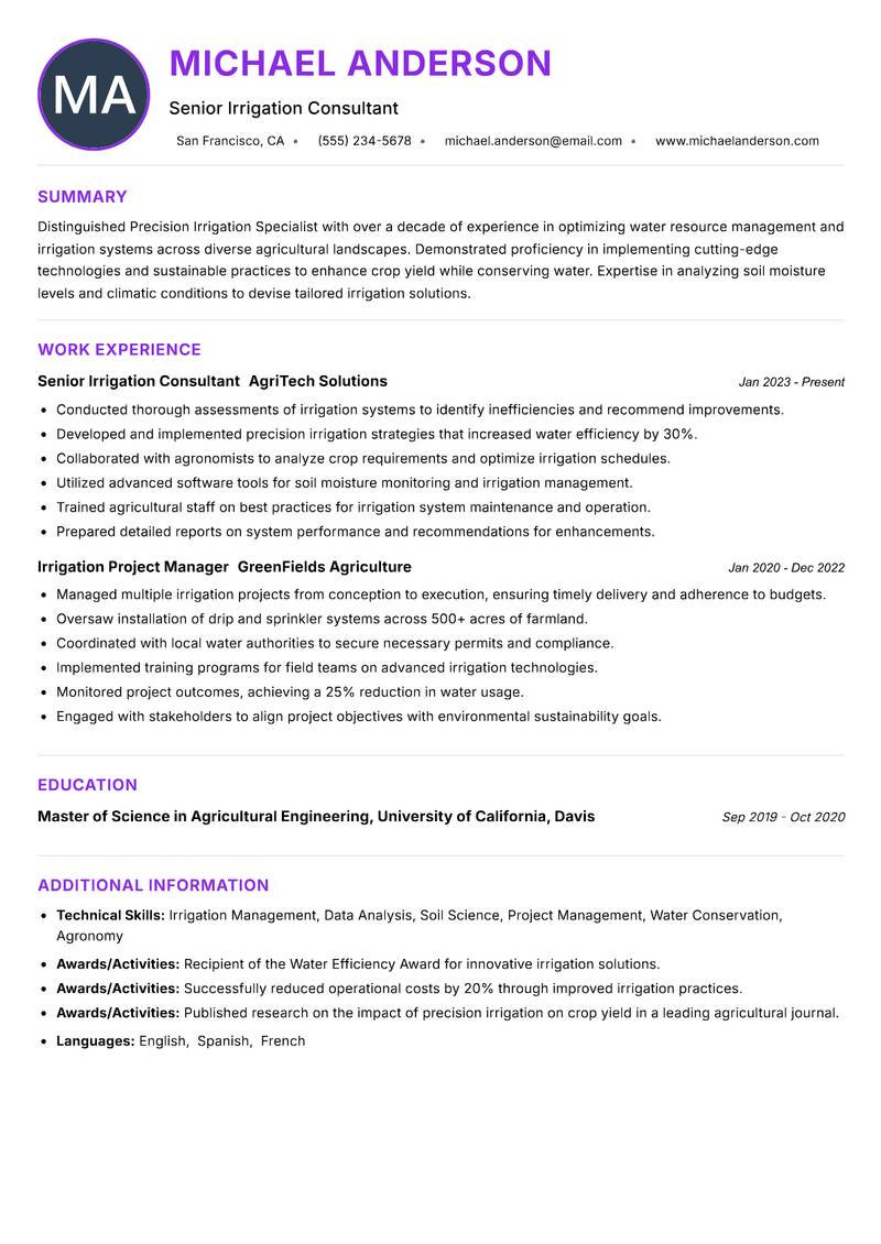 Precision Irrigation Specialist resume example — ATS-friendly template