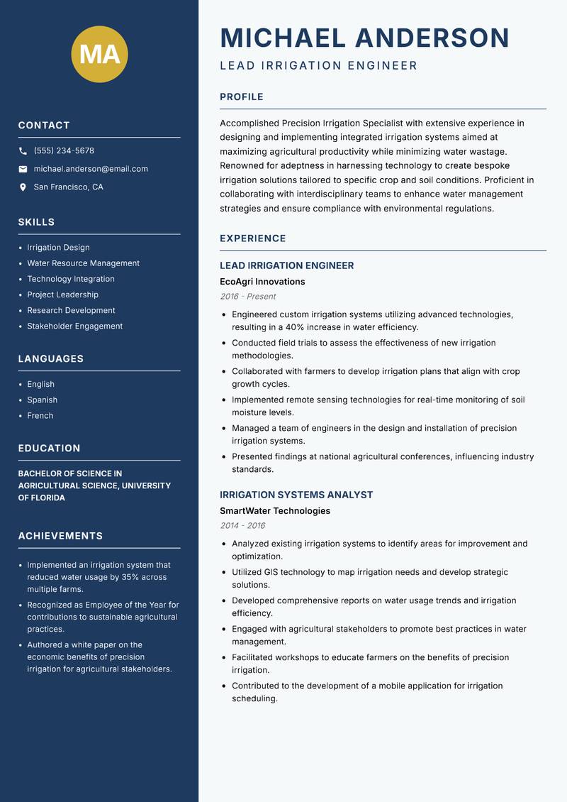Precision Irrigation Specialist resume template — Classic Clean