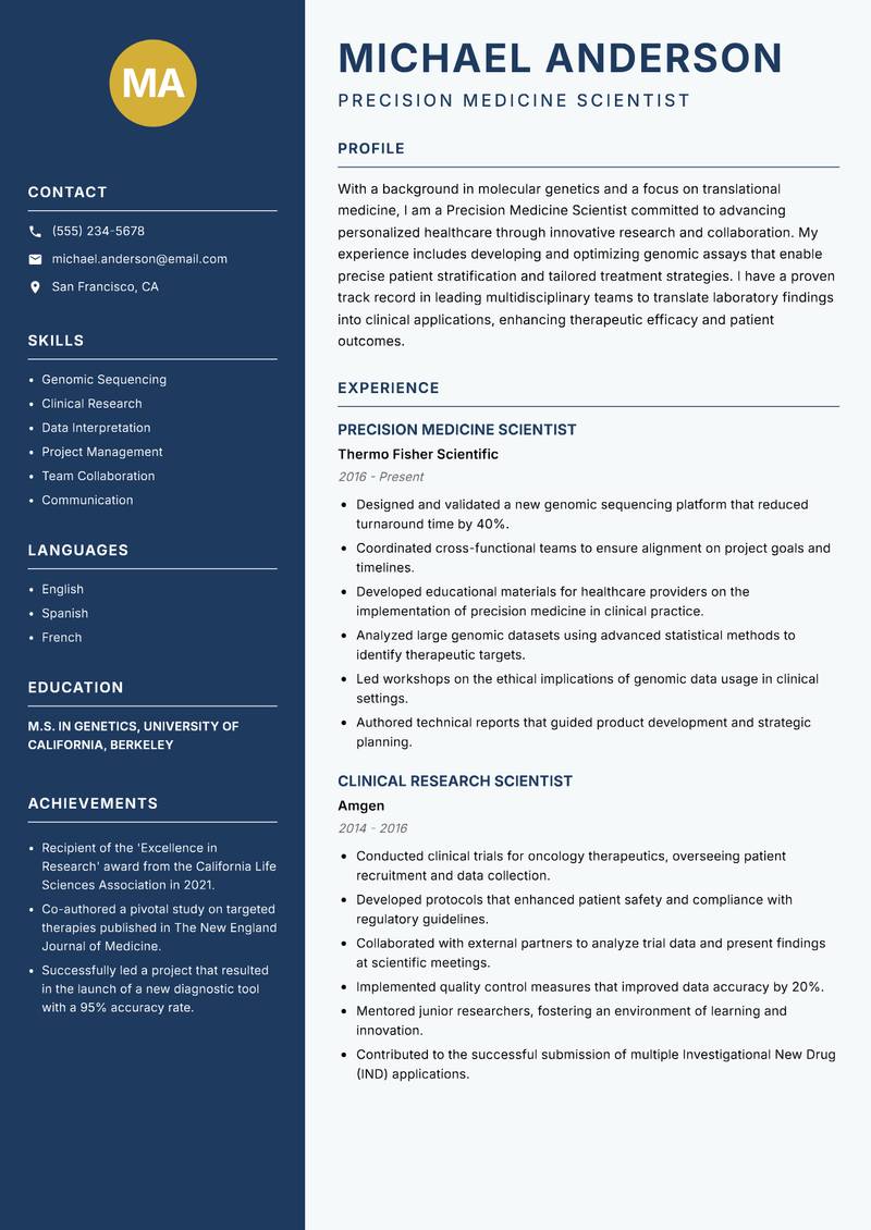 Precision Medicine Scientist resume template — Classic Clean