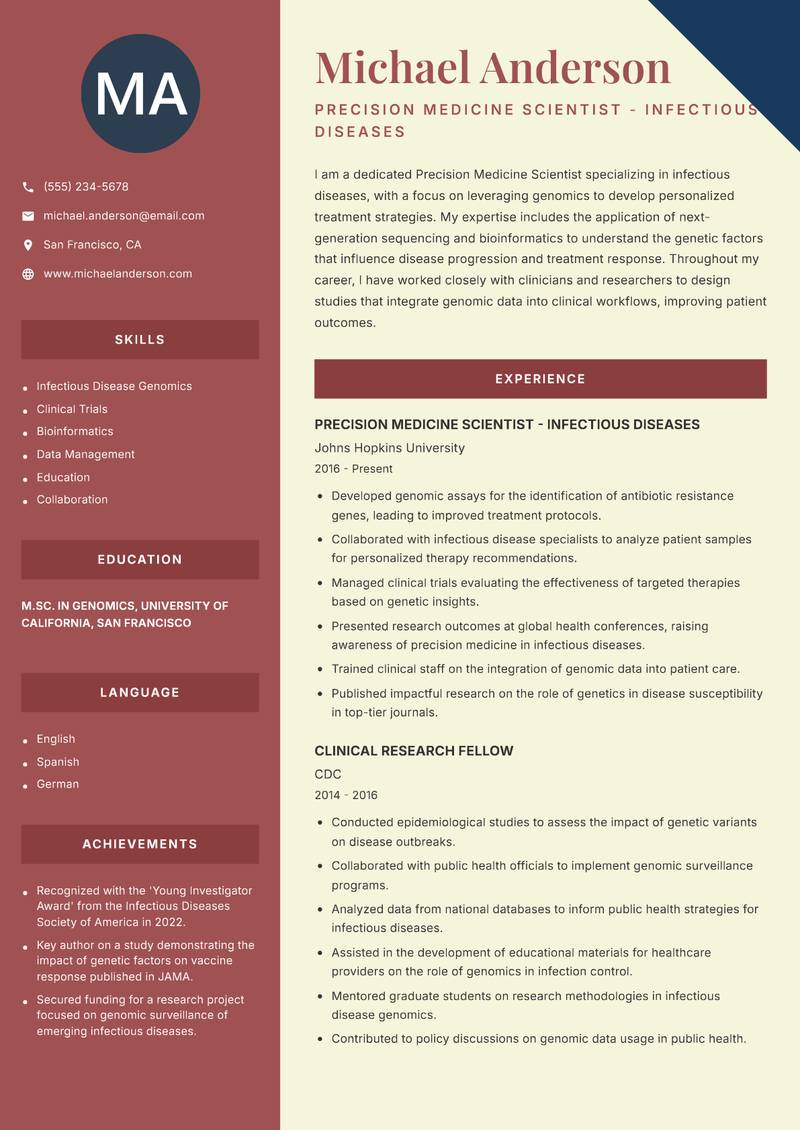 Precision Medicine Scientist resume template — Two Column