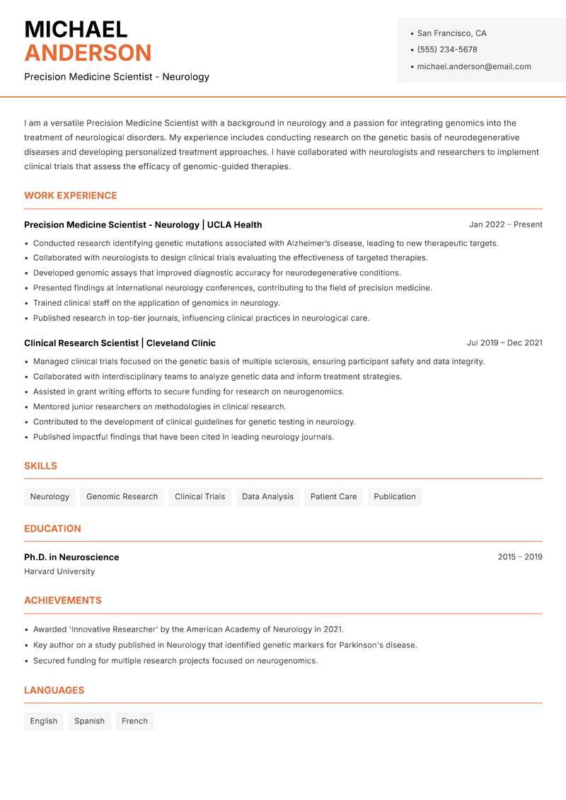 Precision Medicine Scientist resume template — Modern Professional