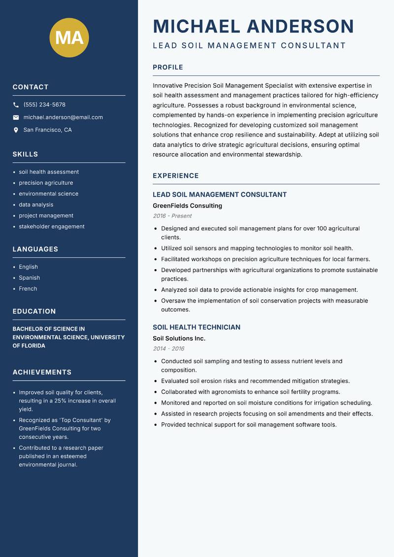 Precision Soil Management Specialist resume template — Classic Clean