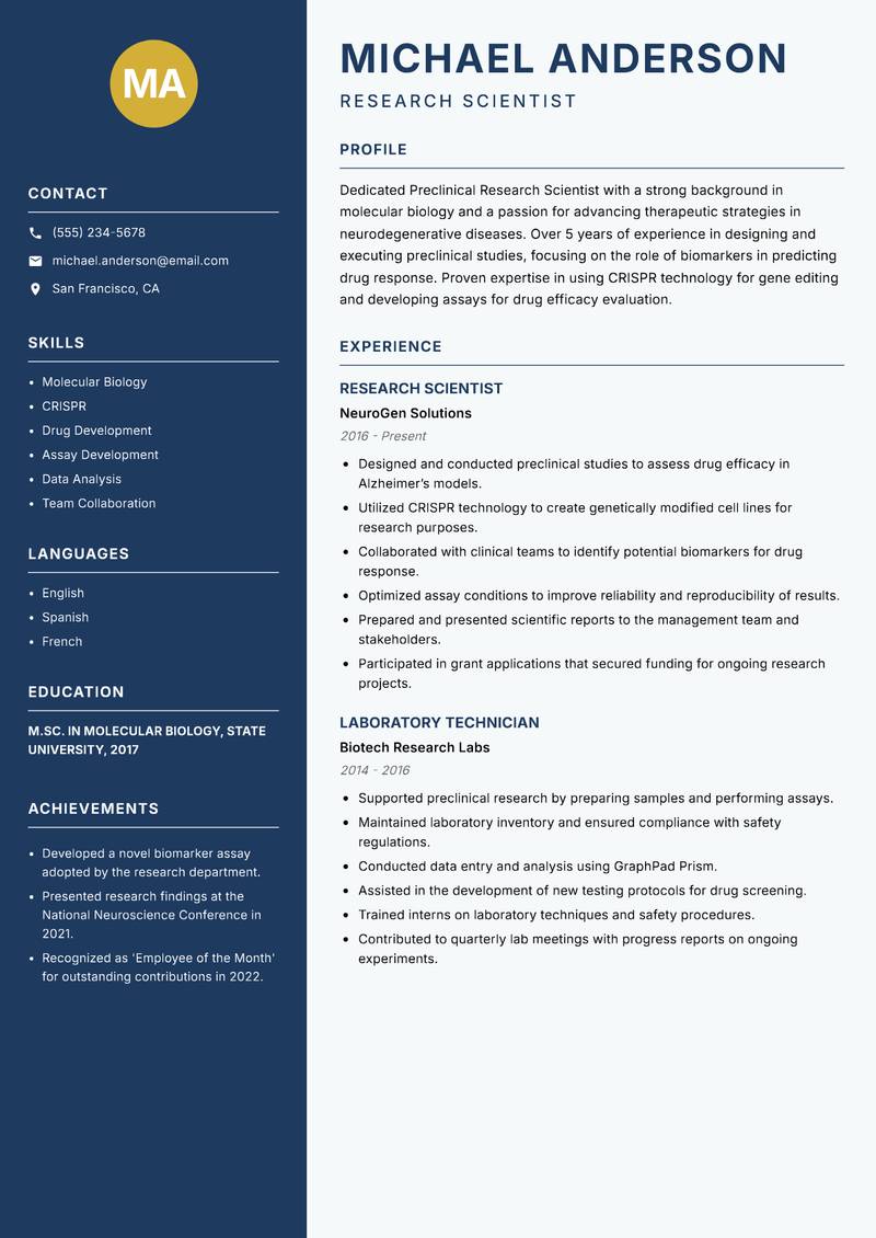 Preclinical Research Scientist resume template — Classic Clean
