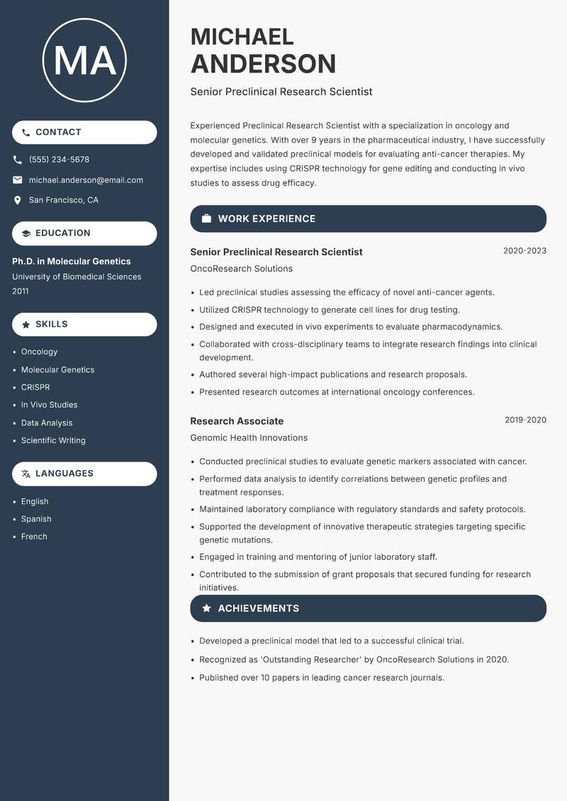 Preclinical Research Scientist resume template — Compact