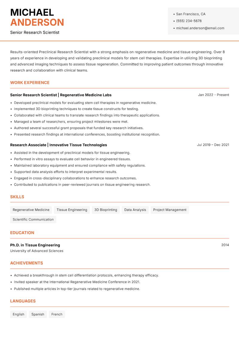 Preclinical Research Scientist resume template — Modern Professional