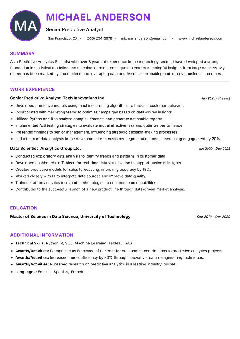 Predictive Analytics Scientist resume example — ATS-friendly template