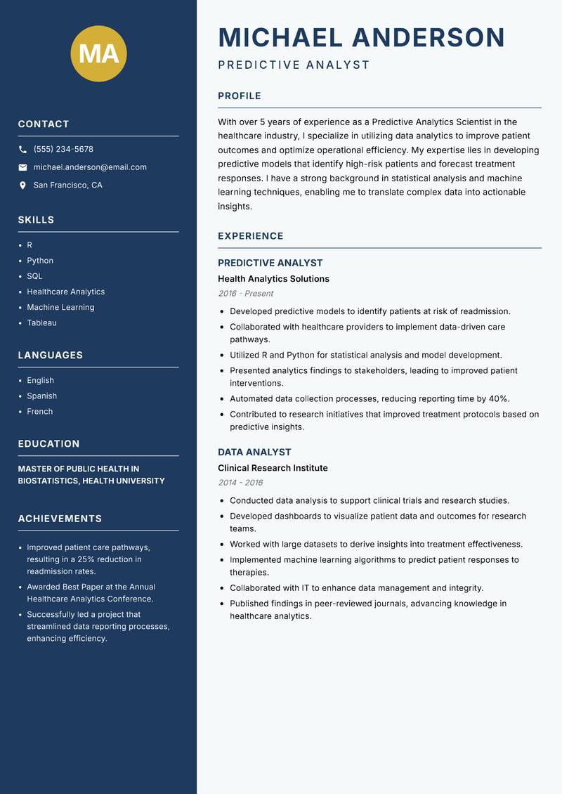Predictive Analytics Scientist resume template — Classic Clean