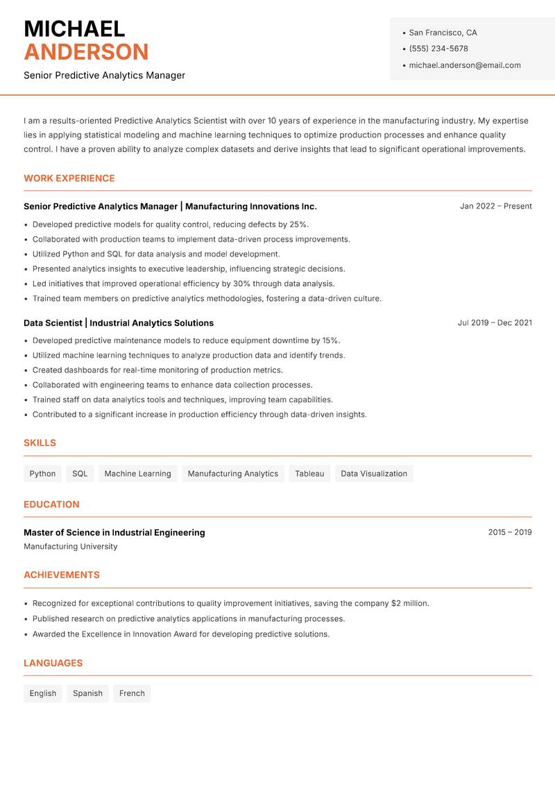 Predictive Analytics Scientist resume template — Modern Professional