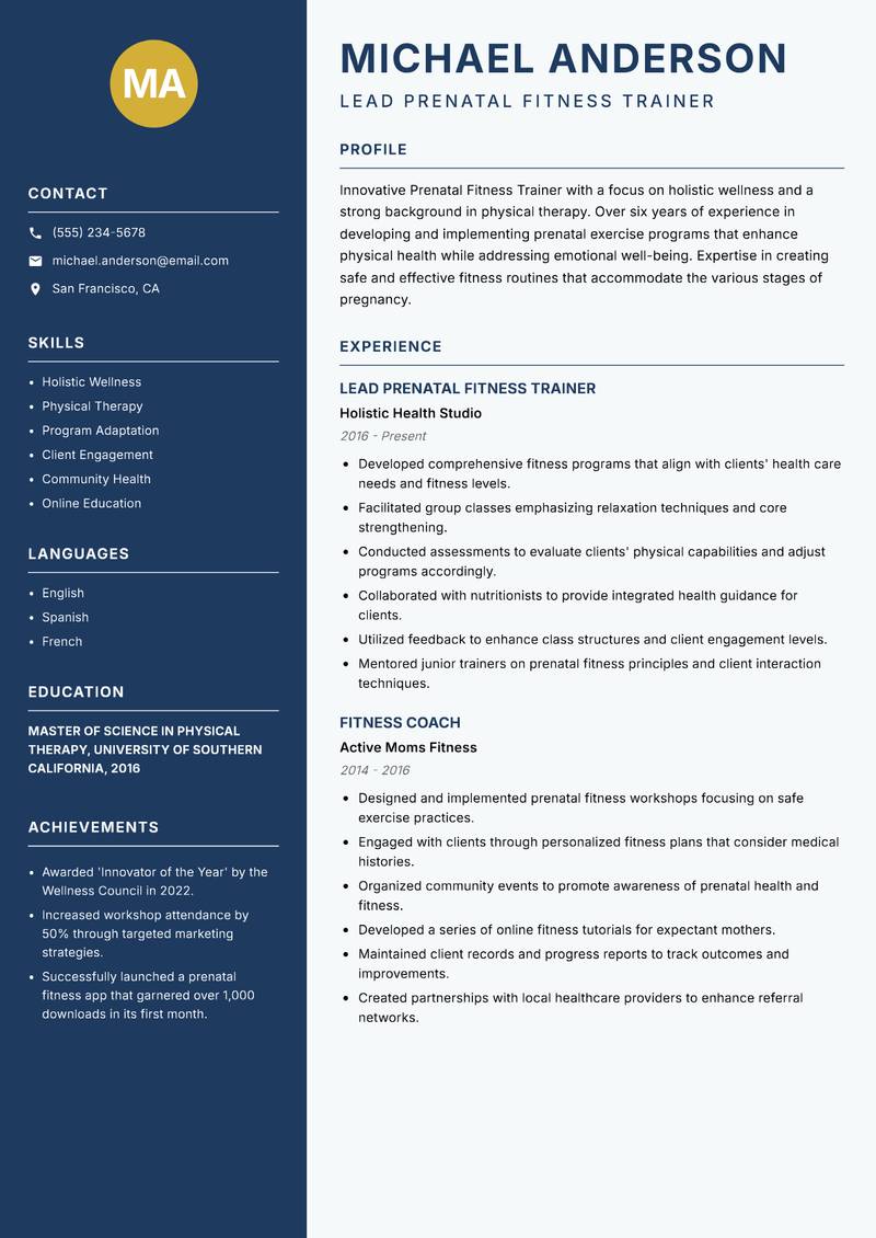 Prenatal Fitness Trainer resume template — Classic Clean