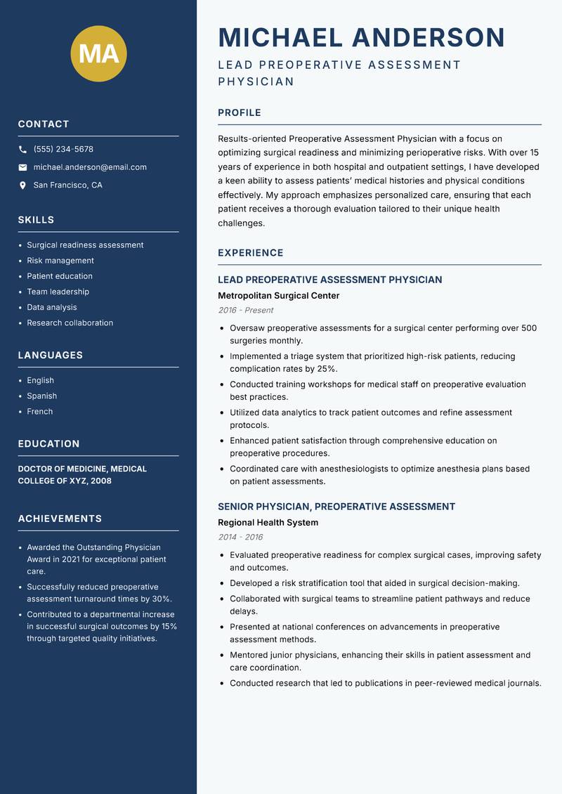 Preoperative Assessment Physician resume template — Classic Clean