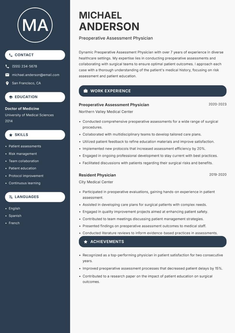 Preoperative Assessment Physician resume template — Compact