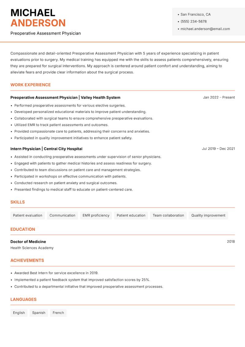 Preoperative Assessment Physician resume template — Modern Professional