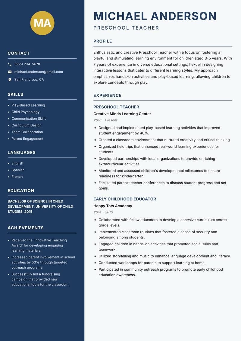 Preschool Teacher resume template — Classic Clean