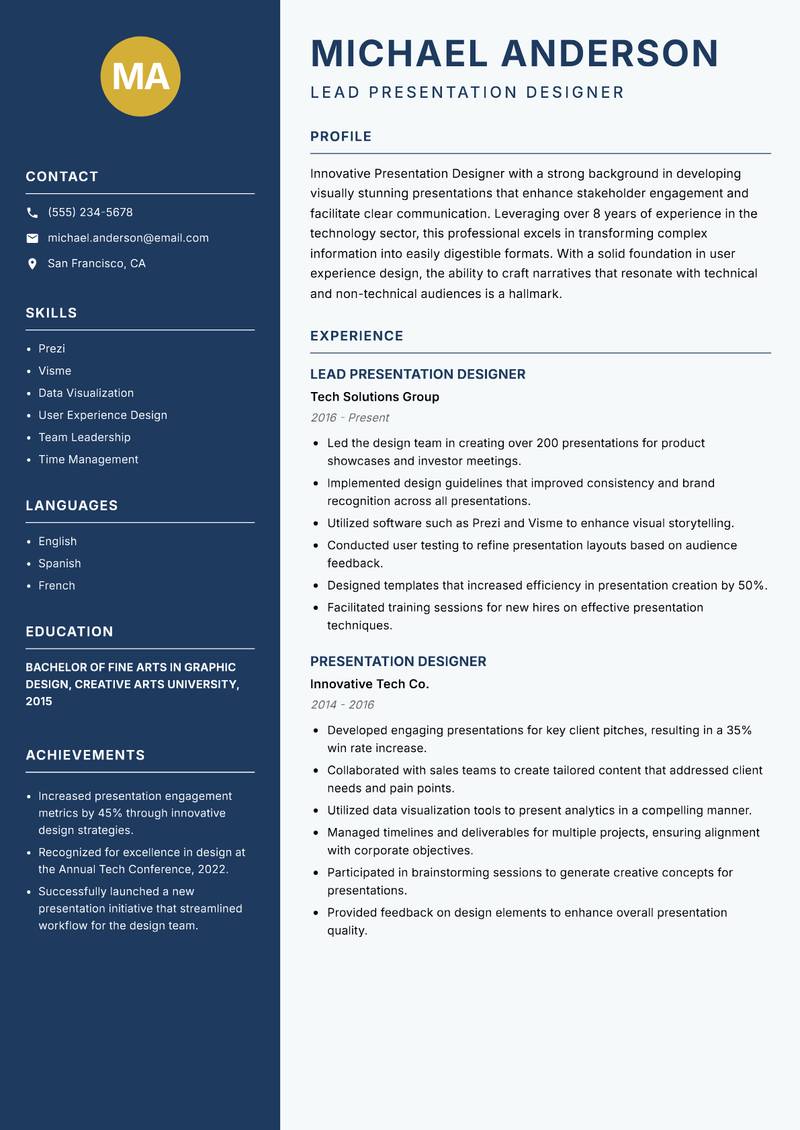 Presentation Designer resume template — Classic Clean