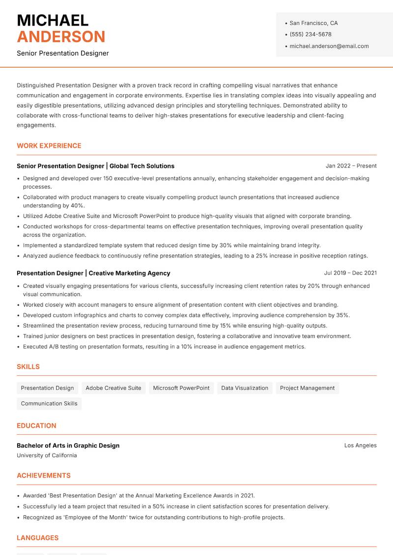 Presentation Designer resume template — Modern Professional