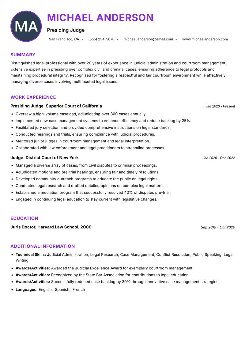 Presiding Judge resume example — ATS-friendly template
