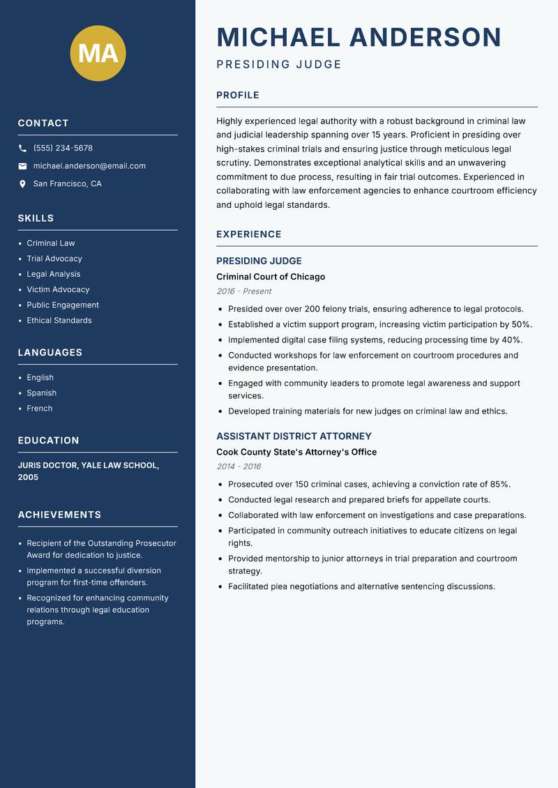 Presiding Judge resume template — Classic Clean