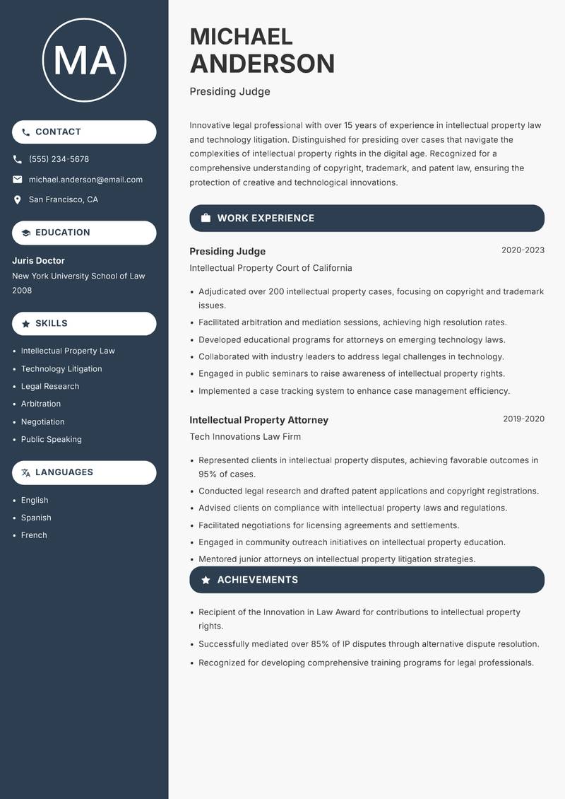 Presiding Judge resume template — Compact