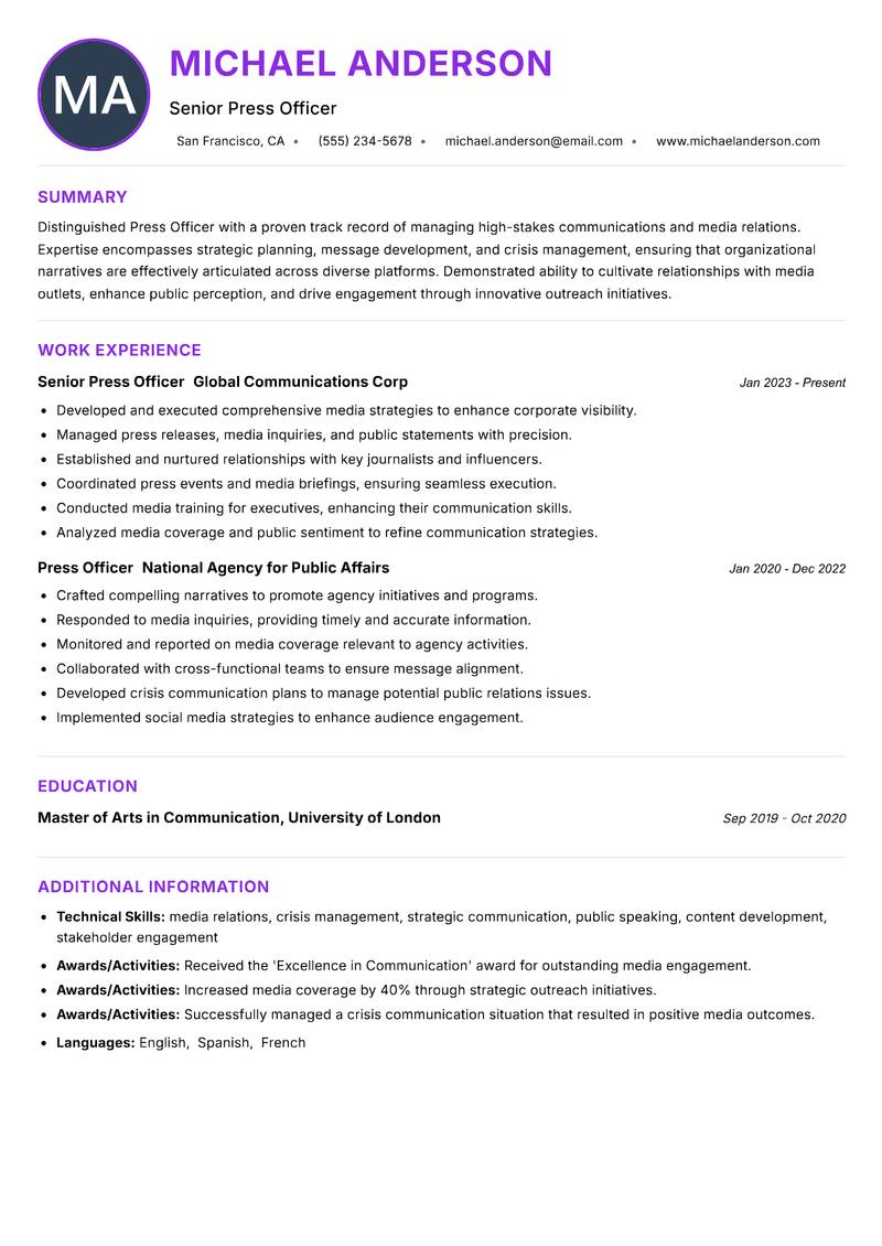 Press Officer resume example — ATS-friendly template