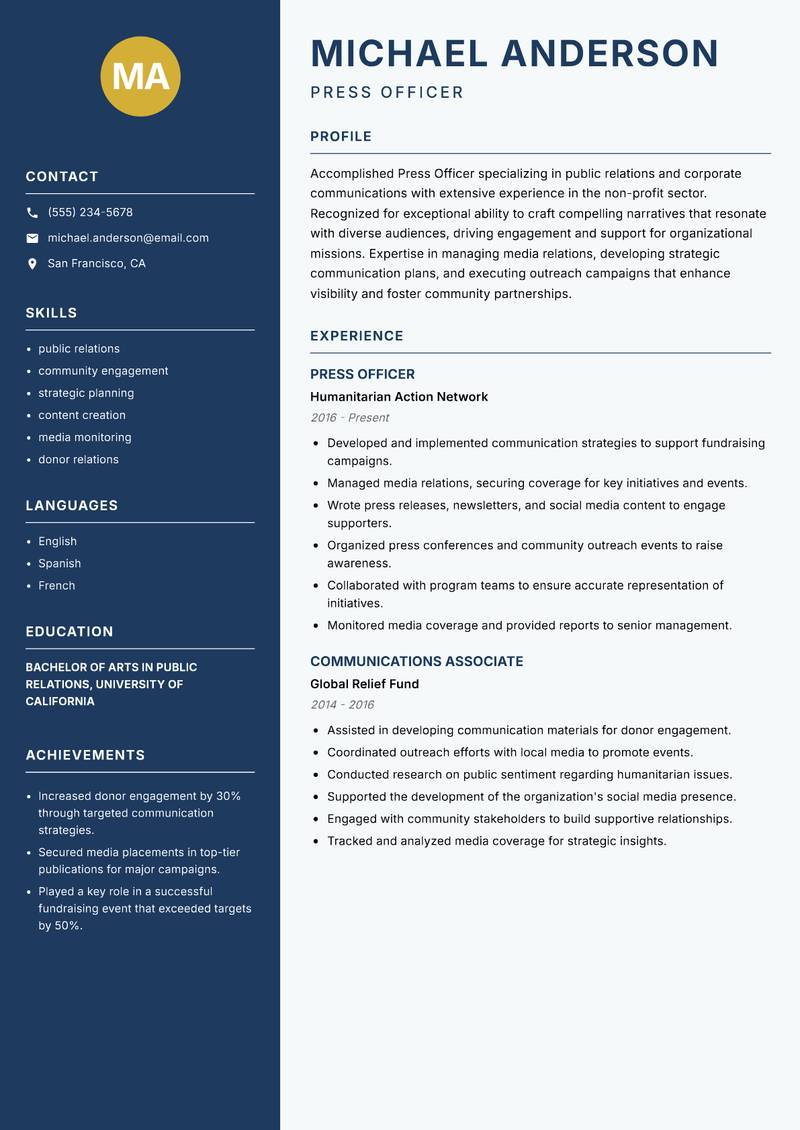 Press Officer resume template — Classic Clean