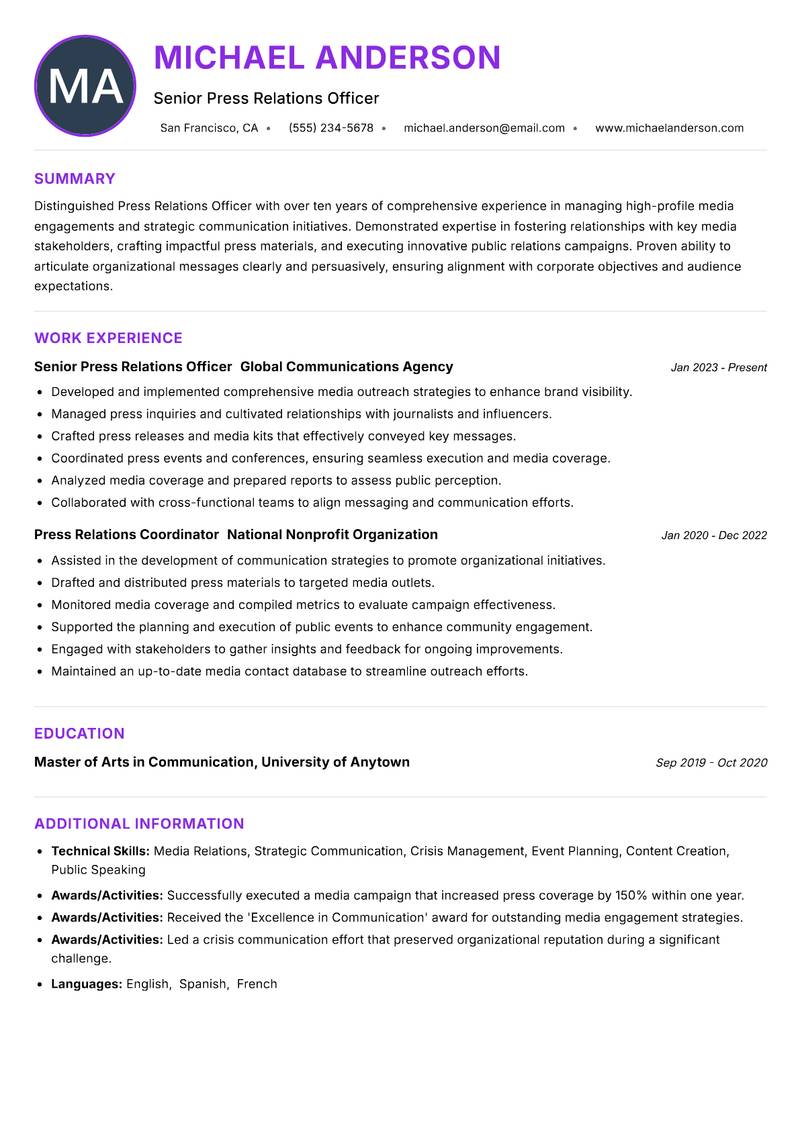 Press Relations Officer resume example — ATS-friendly template