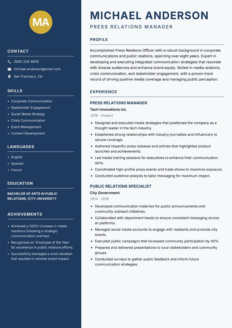 Press Relations Officer resume template — Classic Clean