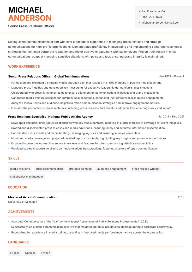 Press Relations Officer resume template — Modern Professional