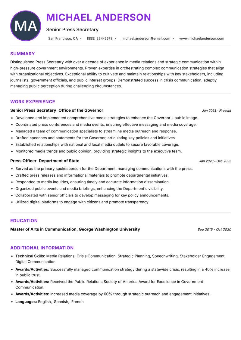 Press Secretary resume example — ATS-friendly template