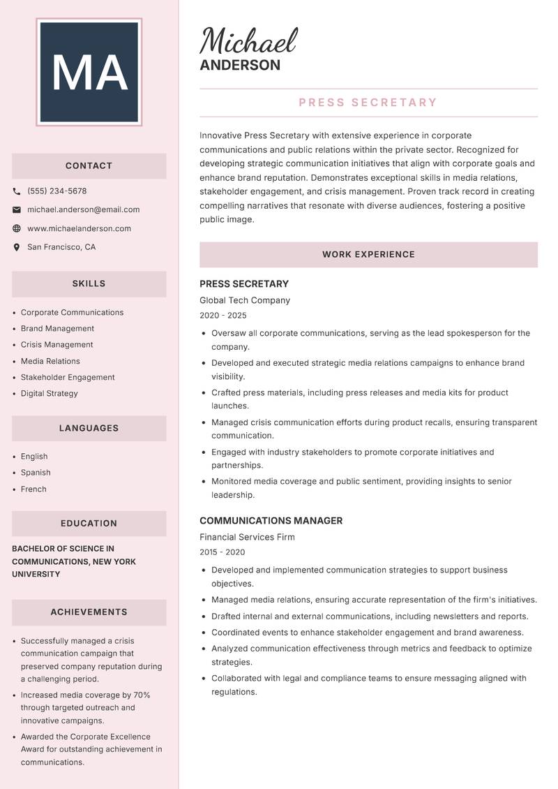 Press Secretary resume template — Executive