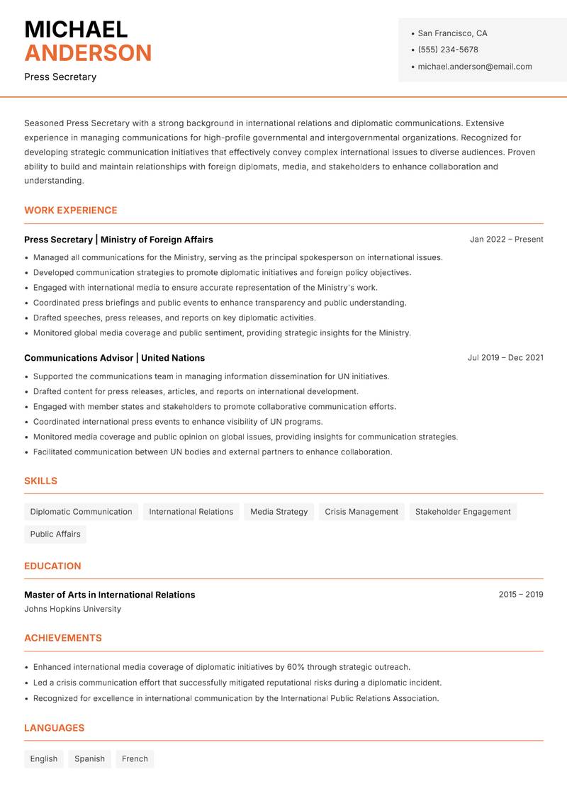 Press Secretary resume template — Modern Professional