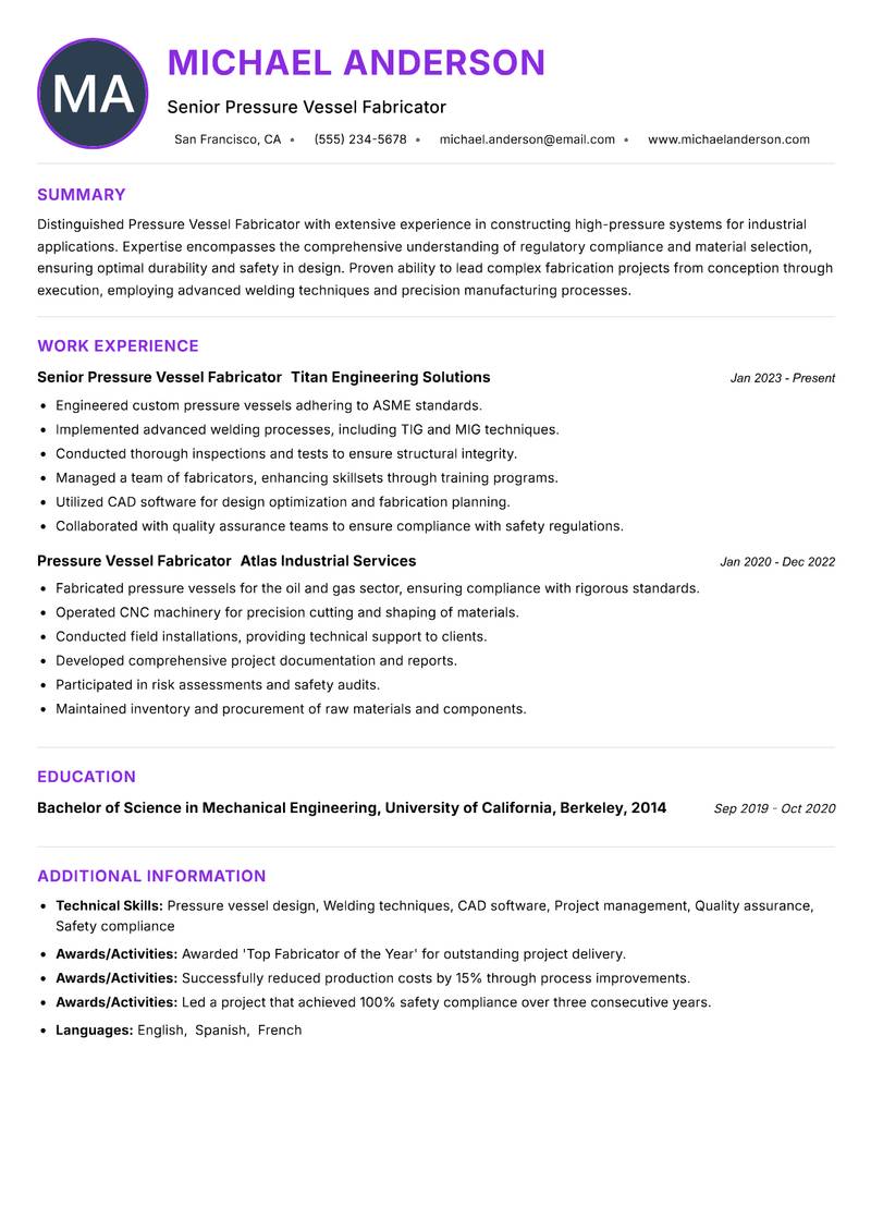 Pressure Vessel Fabricator resume example — ATS-friendly template