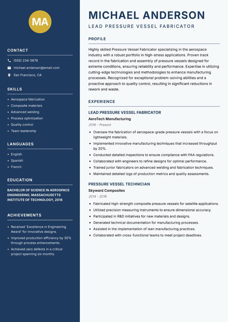 Pressure Vessel Fabricator resume template — Classic Clean