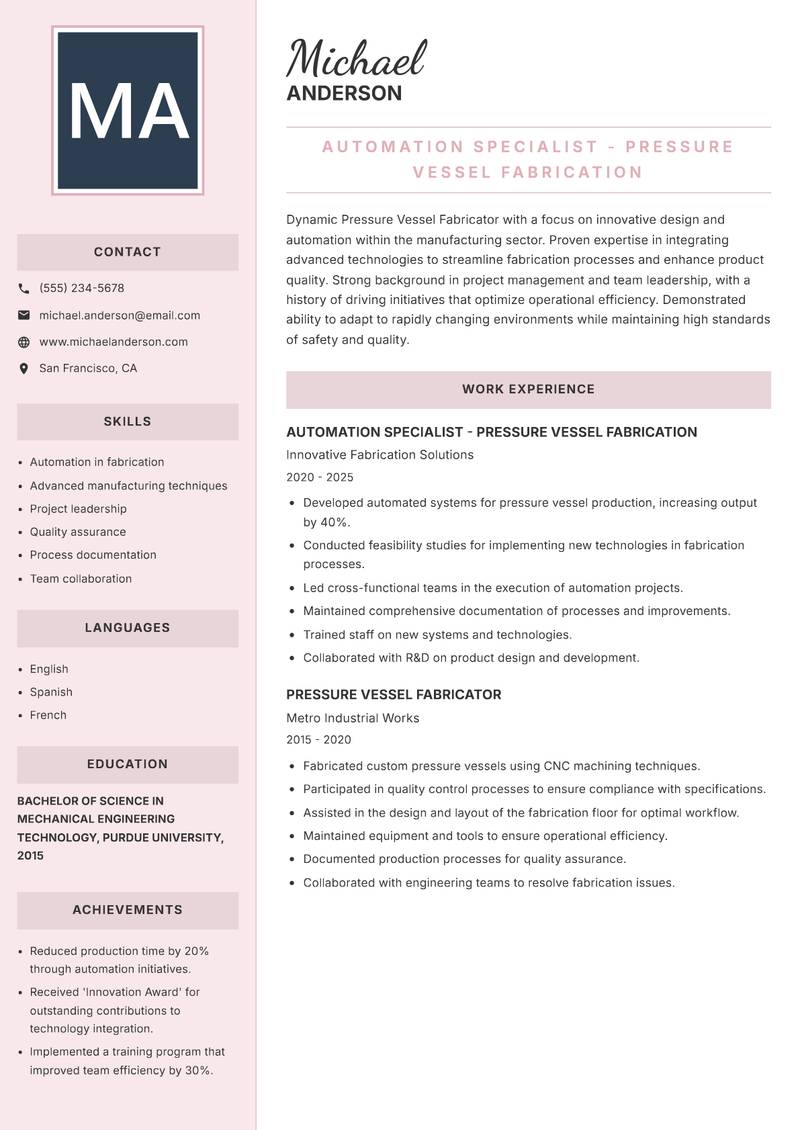 Pressure Vessel Fabricator resume template — Executive