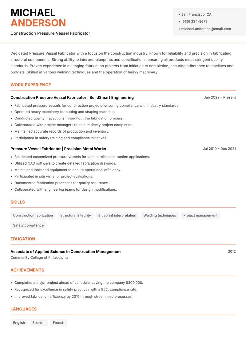 Pressure Vessel Fabricator resume template — Modern Professional