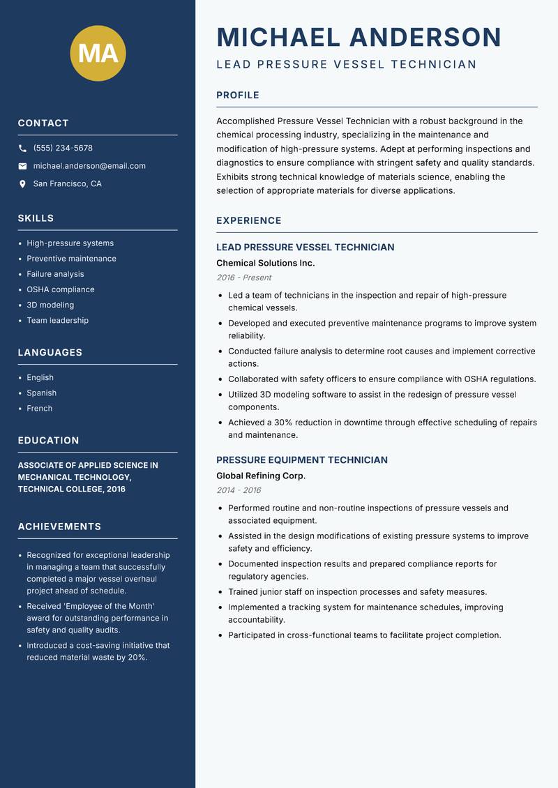 Pressure Vessel Technician resume template — Classic Clean