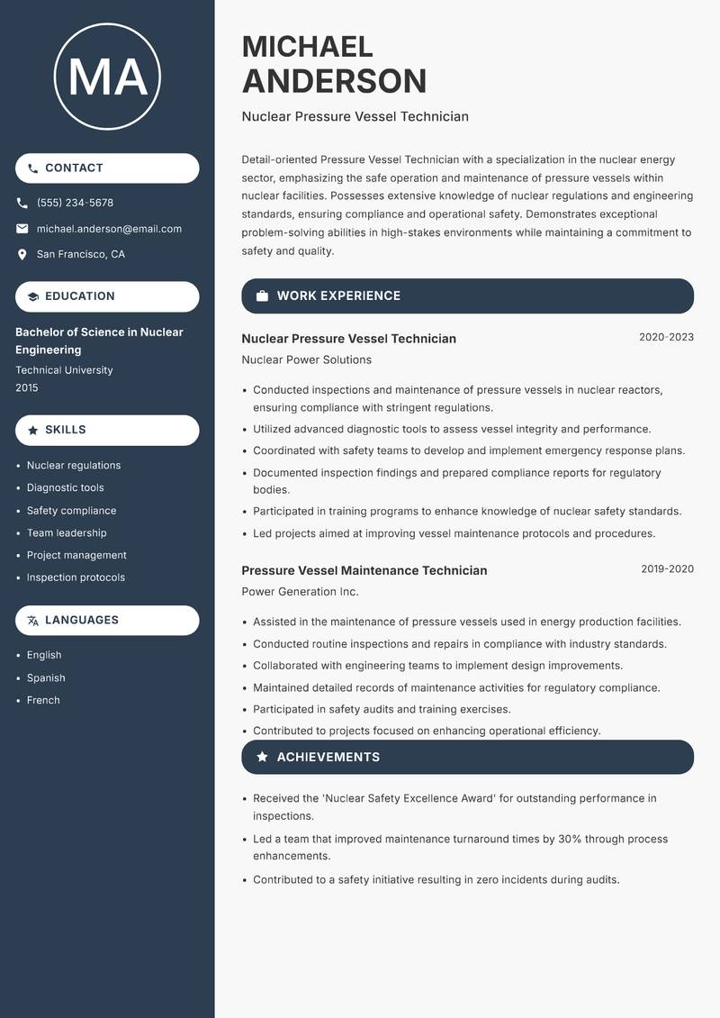 Pressure Vessel Technician resume template — Compact