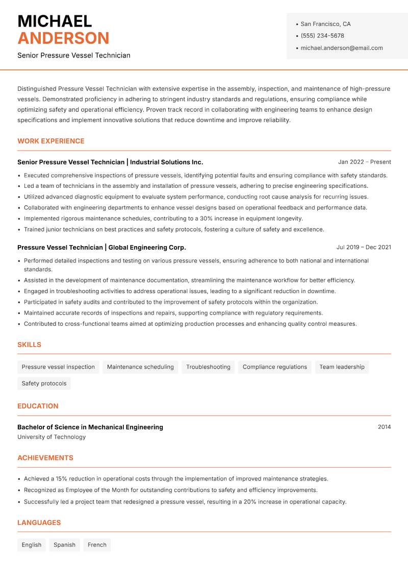 Pressure Vessel Technician resume template — Modern Professional