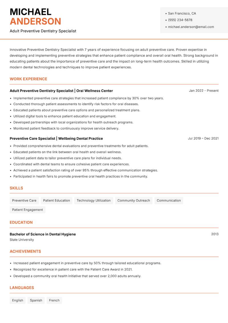 Preventive Dentistry Specialist resume template — Modern Professional