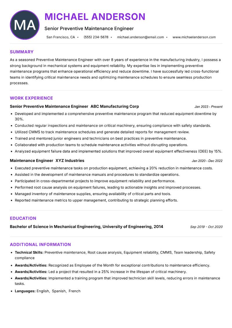 Preventive Maintenance Engineer resume example — ATS-friendly template